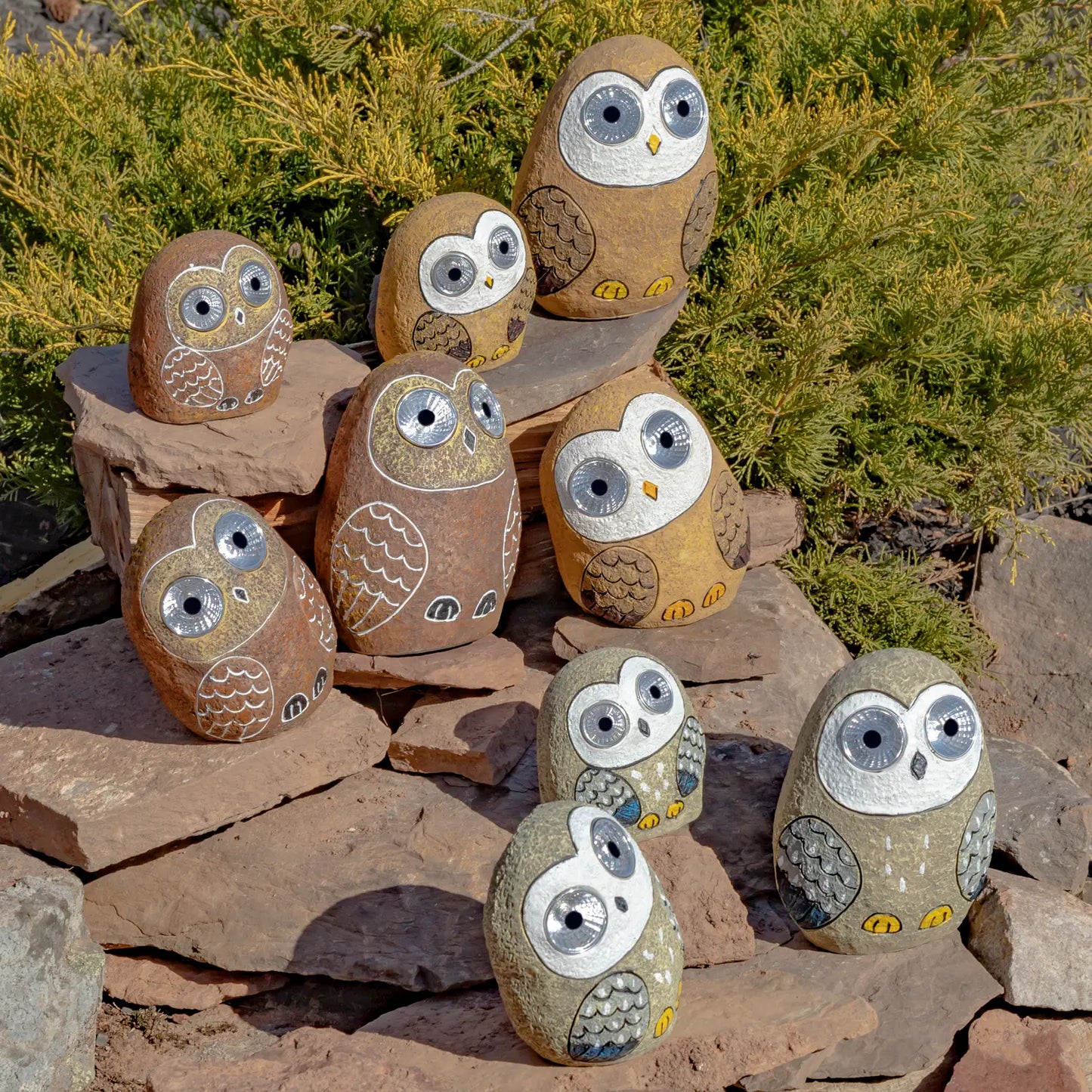 Solar Rock Owls with Light Up Eyes in 3 Asst Sizes & Colors