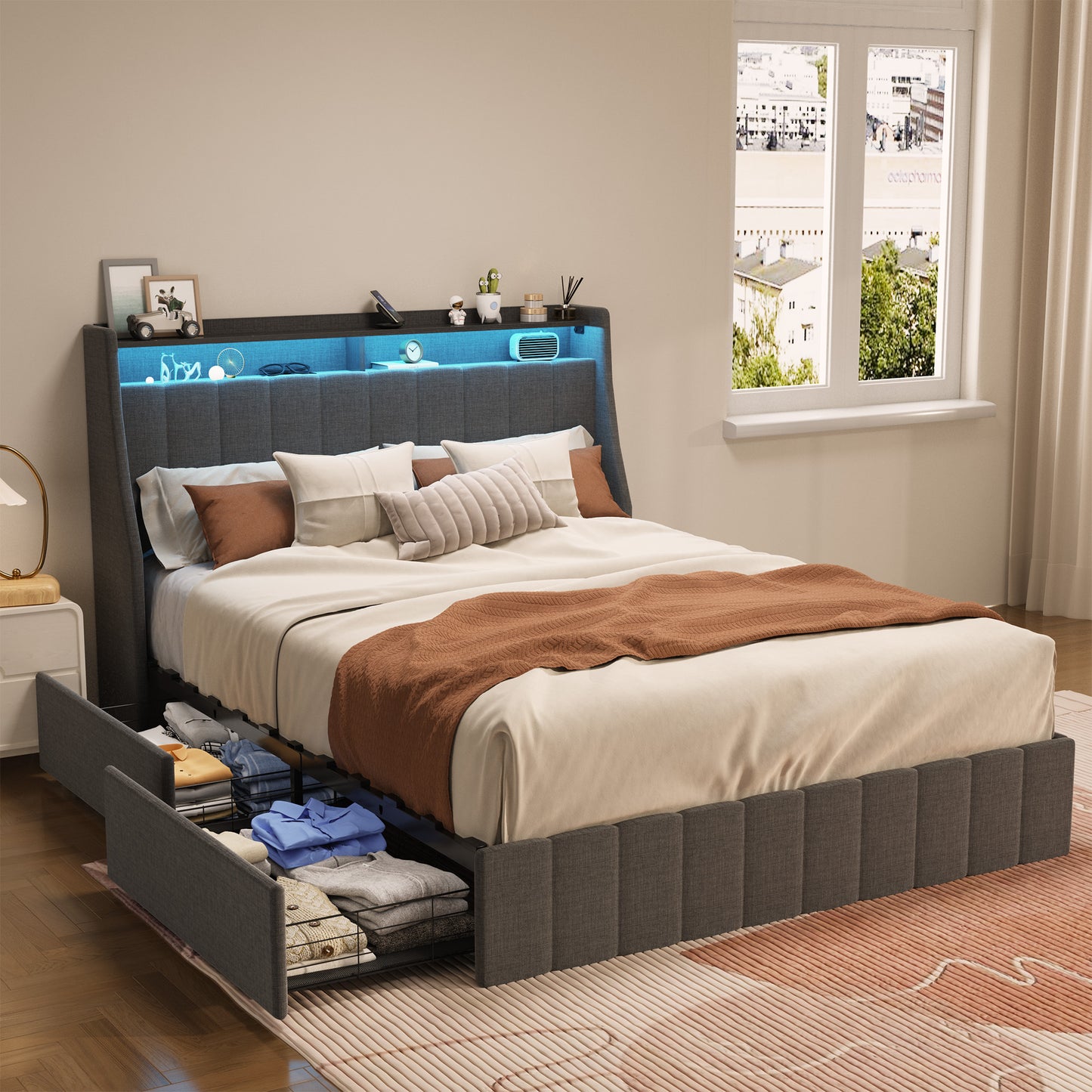 Dark Gray Wood Frame Wings Headboard Queen Platform Bed with LED and 4 Under-bed Portable Storage Drawers